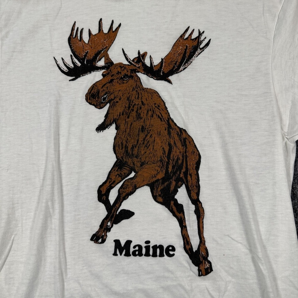 Vintage Maine Moose Shirt Mens Medium White Hanes 50/50 Graphic 80s Made USA - Picture 2 of 8